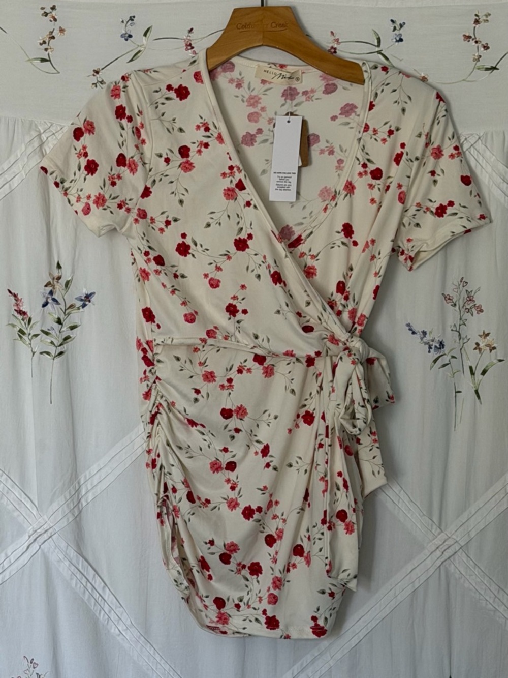 Floral Wrap Nursing Shirt with Tie Waist - Cream with Red Blossoms